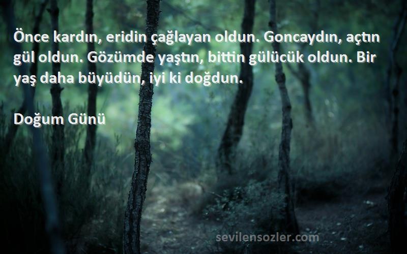 Doğum Günü Sözleri 
Önce kardın, eridin çağlayan oldun. Goncaydın, açtın gül oldun. Gözümde yaştın, bittin gülücük oldun. Bir yaş daha büyüdün, iyi ki doğdun.