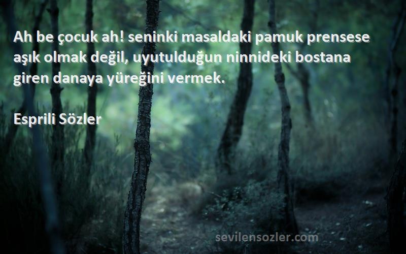 Esprili Sözler Sözleri 
Ah be çocuk ah! seninki masaldaki pamuk prensese aşık olmak değil, uyutulduğun ninnideki bostana giren danaya yüreğini vermek.