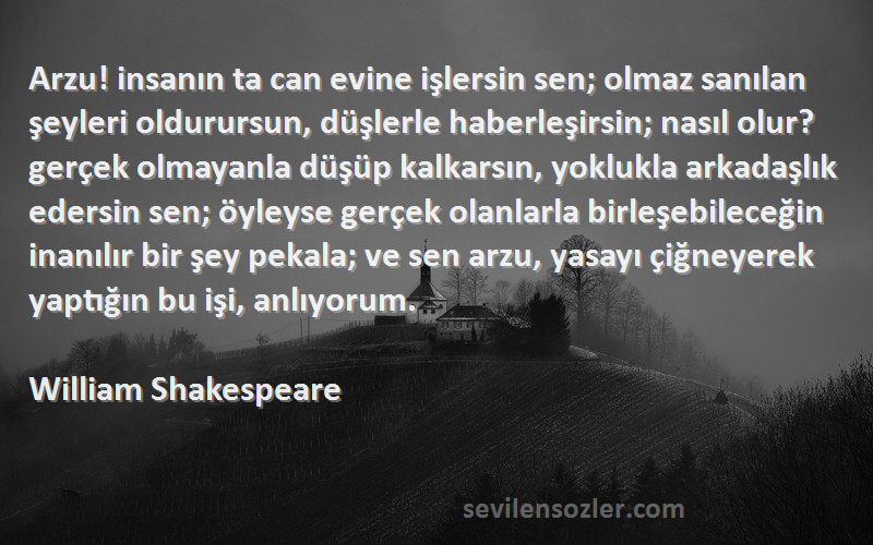 William Shakespeare Sözleri 
Arzu! insanın ta can evine işlersin sen; olmaz sanılan şeyleri oldurursun, düşlerle haberleşirsin; nasıl olur? gerçek olmayanla düşüp kalkarsın, yoklukla arkadaşlık edersin sen; öyleyse gerçek olanlarla birleşebileceğin inanılır bir şey pekala; ve sen arzu, yasayı çiğneyerek yaptığın bu işi, anlıyorum.