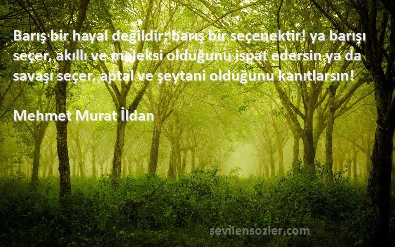 Mehmet Murat İldan Sözleri 
Barış bir hayal değildir; barış bir seçenektir! ya barışı seçer, akıllı ve meleksi olduğunu ispat edersin ya da savaşı seçer, aptal ve şeytani olduğunu kanıtlarsın!