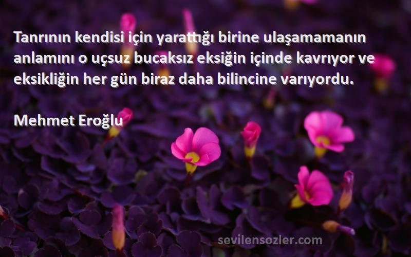 Mehmet Eroğlu Sözleri 
Tanrının kendisi için yarattığı birine ulaşamamanın anlamını o uçsuz bucaksız eksiğin içinde kavrıyor ve eksikliğin her gün biraz daha bilincine varıyordu.