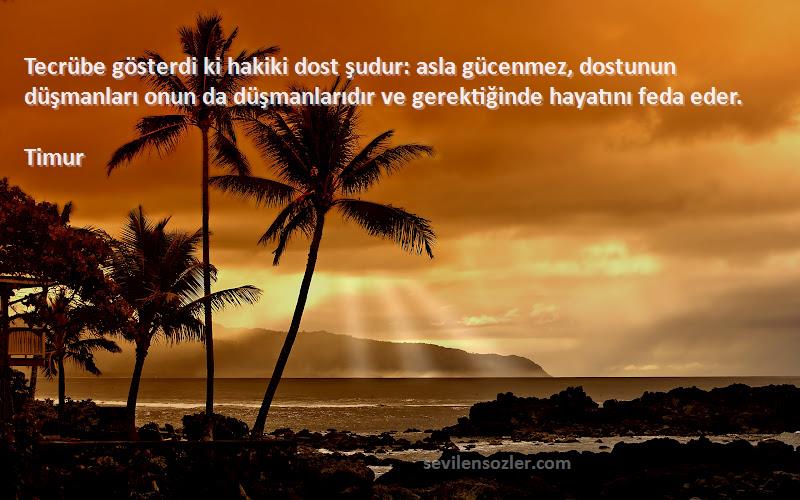 Timur Sözleri 
Tecrübe gösterdi ki hakiki dost şudur: asla gücenmez, dostunun düşmanları onun da düşmanlarıdır ve gerektiğinde hayatını feda eder.