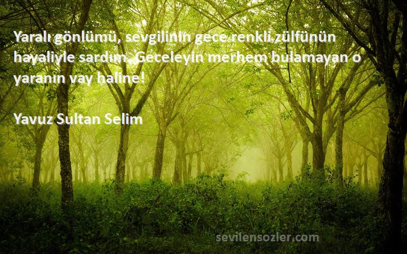 Yavuz Sultan Selim Sözleri 
Yaralı gönlümü, sevgilinin gece renkli zülfünün hayaliyle sardım. Geceleyin merhem bulamayan o yaranın vay haline!