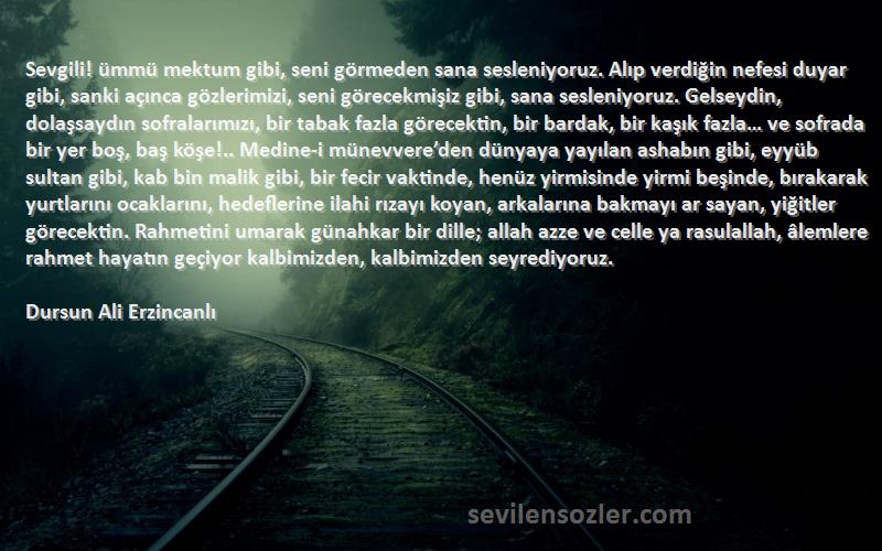 Dursun Ali Erzincanlı Sözleri 
Sevgili! ümmü mektum gibi, seni görmeden sana sesleniyoruz. Alıp verdiğin nefesi duyar gibi, sanki açınca gözlerimizi, seni görecekmişiz gibi, sana sesleniyoruz. Gelseydin, dolaşsaydın sofralarımızı, bir tabak fazla görecektin, bir bardak, bir kaşık fazla… ve sofrada bir yer boş, baş köşe!.. Medine-i münevvere’den dünyaya yayılan ashabın gibi, eyyüb sultan gibi, kab bin malik gibi, bir fecir vaktinde, henüz yirmisinde yirmi beşinde, bırakarak yurtlarını ocaklarını, hedeflerine ilahi rızayı koyan, arkalarına bakmayı ar sayan, yiğitler görecektin. Rahmetini umarak günahkar bir dille; allah azze ve celle ya rasulallah, âlemlere rahmet hayatın geçiyor kalbimizden, kalbimizden seyrediyoruz.