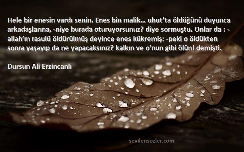 Dursun Ali Erzincanlı Sözleri 
Hele bir enesin vardı senin. Enes bin malik… uhut’ta öldüğünü duyunca arkadaşlarına, -niye burada oturuyorsunuz? diye sormuştu. Onlar da : -allah’ın rasulü öldürülmüş deyince enes kükremiş: -peki o öldükten sonra yaşayıp da ne yapacaksınız? kalkın ve o’nun gibi ölün! demişti.