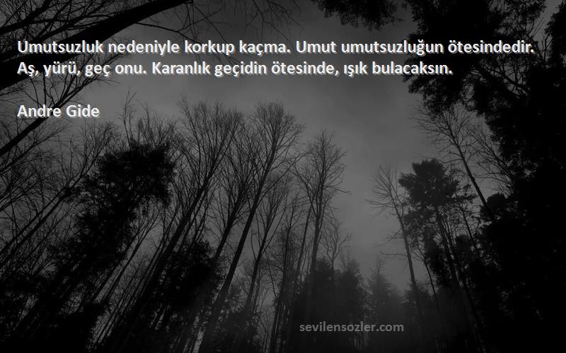 Andre Gide Sözleri 
Umutsuzluk nedeniyle korkup kaçma. Umut umutsuzluğun ötesindedir. Aş, yürü, geç onu. Karanlık geçidin ötesinde, ışık bulacaksın.