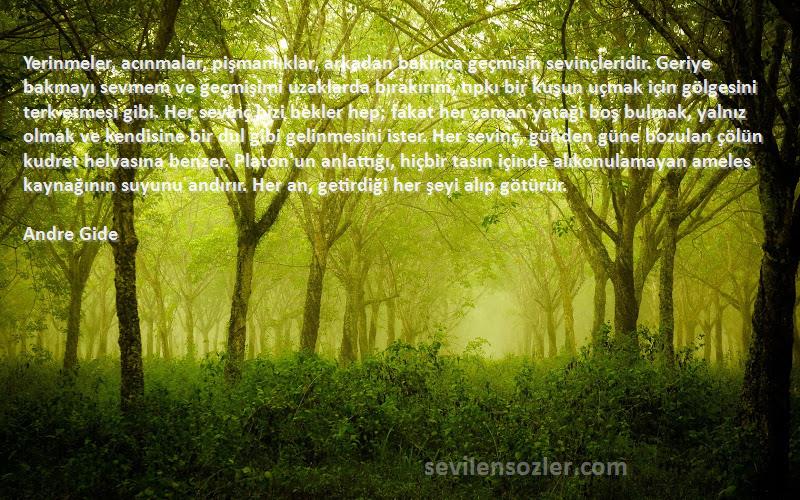 Andre Gide Sözleri 
Yerinmeler, acınmalar, pişmanlıklar, arkadan bakınca geçmişin sevinçleridir. Geriye bakmayı sevmem ve geçmişimi uzaklarda bırakırım, tıpkı bir kuşun uçmak için gölgesini terk etmesi gibi. Her sevinç bizi bekler hep; fakat her zaman yatağı boş bulmak, yalnız olmak ve kendisine bir dul gibi gelinmesini ister. Her sevinç, günden güne bozulan çölün kudret helvasına benzer. Platon'un anlattığı, hiçbir tasın içinde alıkonulamayan ameles kaynağının suyunu andırır. Her an, getirdiği her şeyi alıp götürür.