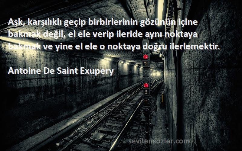Antoine De Saint Exupery Sözleri 
Aşk, karşılıklı geçip birbirlerinin gözünün içine bakmak değil, el ele verip ileride aynı noktaya bakmak ve yine el ele o noktaya doğru ilerlemektir.
