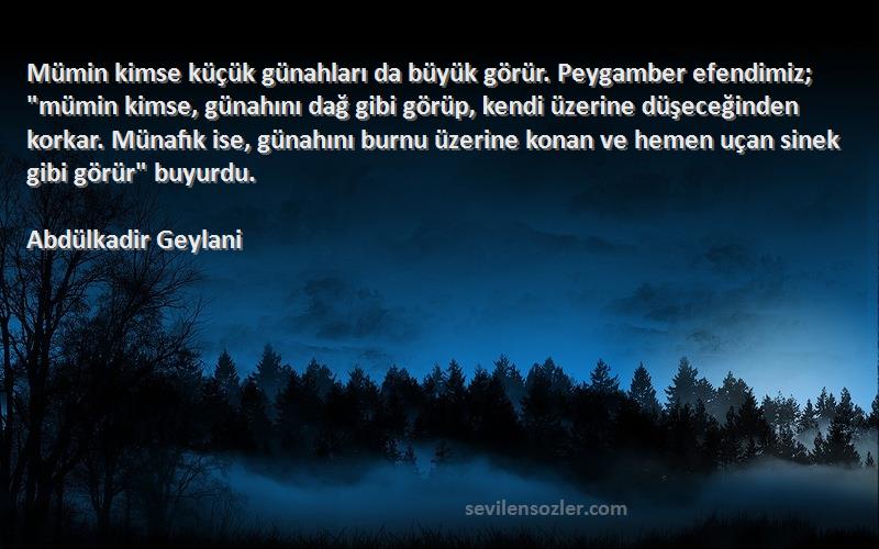 Abdülkadir Geylani Sözleri 
Mümin kimse küçük günahları da büyük görür. Peygamber efendimiz; mümin kimse, günahını dağ gibi görüp, kendi üzerine düşeceğinden korkar. Münafık ise, günahını burnu üzerine konan ve hemen uçan sinek gibi görür buyurdu.