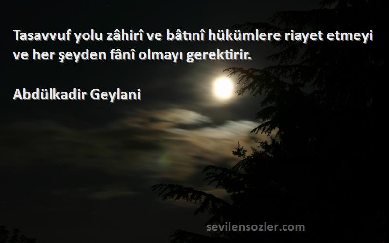 Abdülkadir Geylani - Tasavvuf yolu zâhirî ve bâtınî hükümlere riayet etmeyi ve her şeyden fânî olmayı gerektirir.