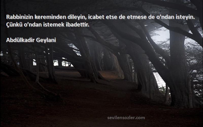 Abdülkadir Geylani Sözleri 
Rabbinizin kereminden dileyin, icabet etse de etmese de o’ndan isteyin. Çünkü o’ndan istemek ibadettir.