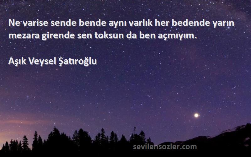 Aşık Veysel Şatıroğlu Sözleri 
Ne varise sende bende aynı varlık her bedende yarın mezara girende sen toksun da ben açmıyım.