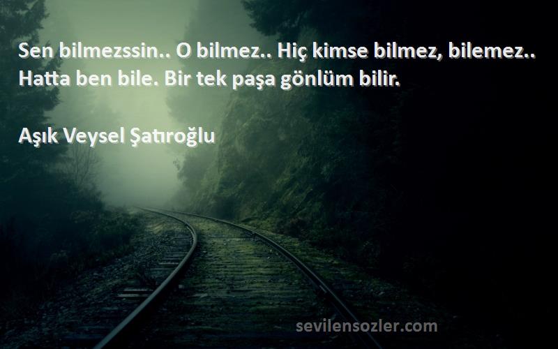 Aşık Veysel Şatıroğlu Sözleri 
Sen bilmezssin.. O bilmez.. Hiç kimse bilmez, bilemez.. Hatta ben bile. Bir tek paşa gönlüm bilir.