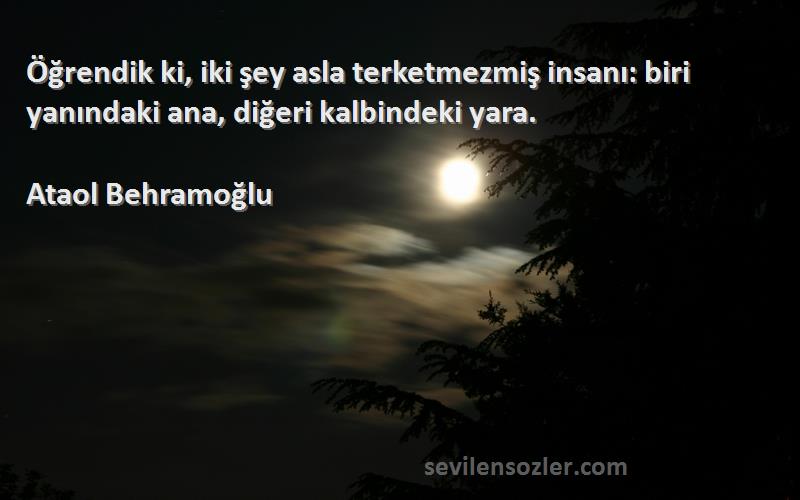 Ataol Behramoğlu Sözleri 
Öğrendik ki, iki şey asla terketmezmiş insanı: biri yanındaki ana, diğeri kalbindeki yara.