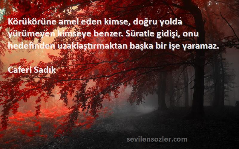 Caferi Sadık Sözleri 
Körükörüne amel eden kimse, doğru yolda yürümeyen kimseye benzer. Süratle gidişi, onu hedefinden uzaklaştırmaktan başka bir işe yaramaz.