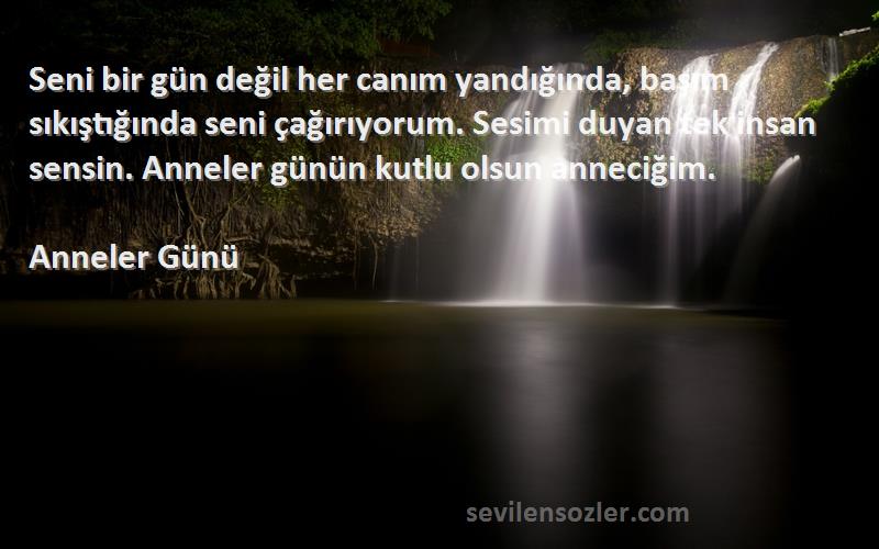 Anneler Günü Sözleri 
Seni bir gün değil her canım yandığında, başım sıkıştığında seni çağırıyorum. Sesimi duyan tek insan sensin. Anneler günün kutlu olsun anneciğim.