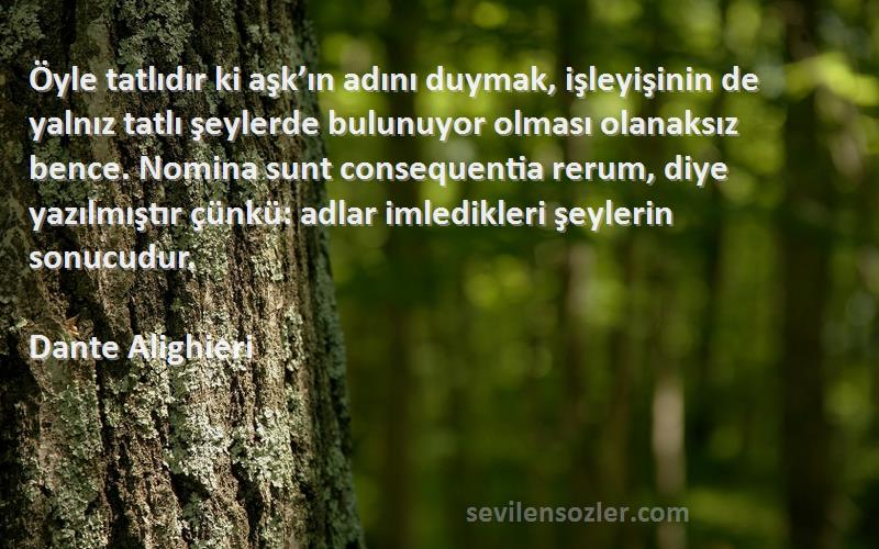 Dante Alighieri Sözleri 
Öyle tatlıdır ki aşk’ın adını duymak, işleyişinin de yalnız tatlı şeylerde bulunuyor olması olanaksız bence. Nomina sunt consequentia rerum, diye yazılmıştır çünkü: adlar imledikleri şeylerin sonucudur.