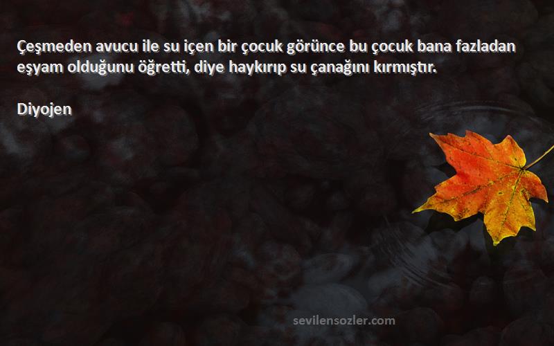 Diyojen Sözleri 
Çeşmeden avucu ile su içen bir çocuk görünce bu çocuk bana fazladan eşyam olduğunu öğretti, diye haykırıp su çanağını kırmıştır.