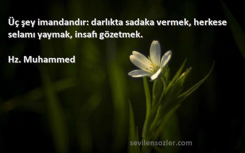 Hz. Muhammed - Üç şey imandandır: darlıkta sadaka vermek, herkese selamı yaymak, insafı gözetmek.