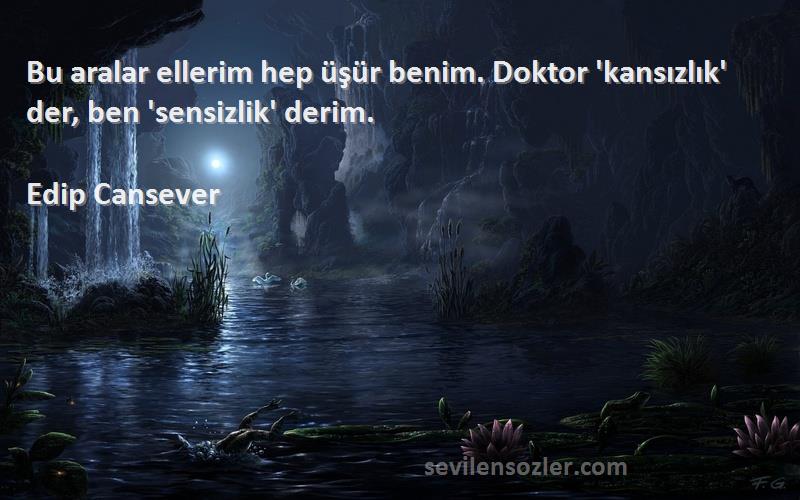 Edip Cansever Sözleri 
Bu aralar ellerim hep üşür benim. Doktor 'kansızlık' der, ben 'sensizlik' derim.