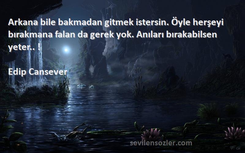 Edip Cansever Sözleri 
Arkana bile bakmadan gitmek istersin. Öyle herşeyi bırakmana falan da gerek yok. Anıları bırakabilsen yeter.. !