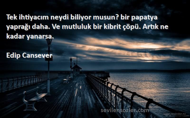 Edip Cansever Sözleri 
Tek ihtiyacım neydi biliyor musun? bir papatya yaprağı daha. Ve mutluluk bir kibrit çöpü. Artık ne kadar yanarsa.