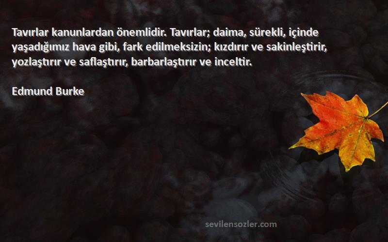 Edmund Burke Sözleri 
Tavırlar kanunlardan önemlidir. Tavırlar; daima, sürekli, içinde yaşadığımız hava gibi, fark edilmeksizin; kızdırır ve sakinleştirir, yozlaştırır ve saflaştırır, barbarlaştırır ve inceltir.