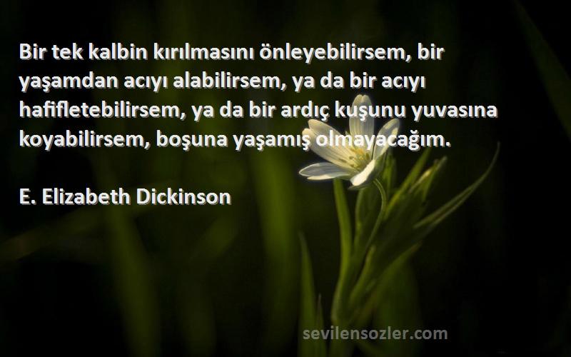 E. Elizabeth Dickinson Sözleri 
Bir tek kalbin kırılmasını önleyebilirsem, bir yaşamdan acıyı alabilirsem, ya da bir acıyı hafifletebilirsem, ya da bir ardıç kuşunu yuvasına koyabilirsem, boşuna yaşamış olmayacağım.