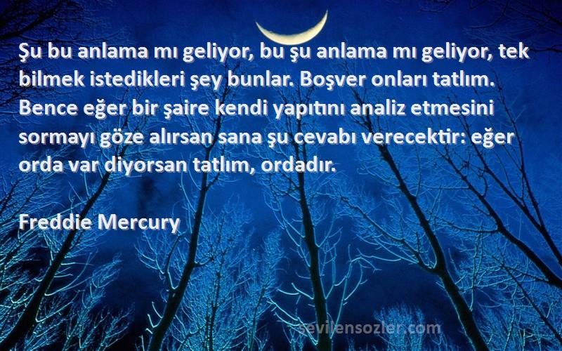 Freddie Mercury Sözleri 
Şu bu anlama mı geliyor, bu şu anlama mı geliyor, tek bilmek istedikleri şey bunlar. Boşver onları tatlım. Bence eğer bir şaire kendi yapıtını analiz etmesini sormayı göze alırsan sana şu cevabı verecektir: eğer orda var diyorsan tatlım, ordadır.