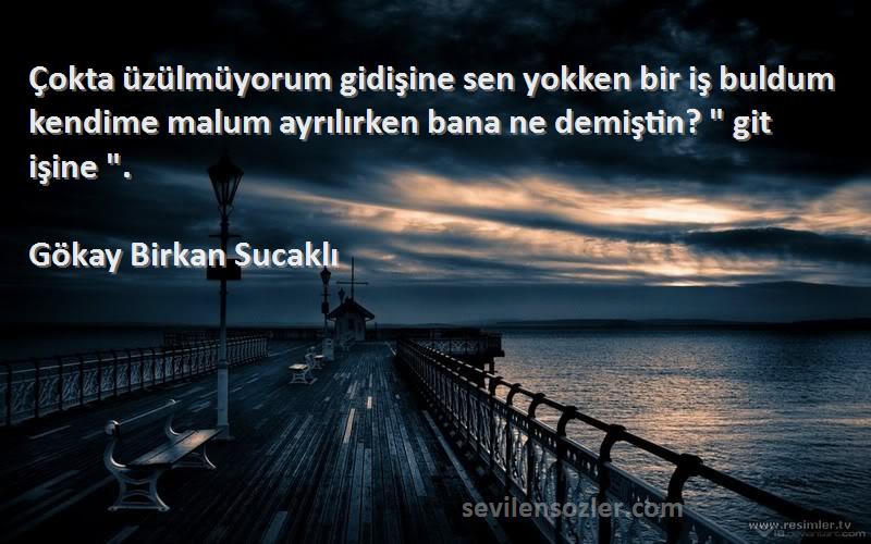 Gökay Birkan Sucaklı Sözleri 
Çokta üzülmüyorum gidişine sen yokken bir iş buldum kendime malum ayrılırken bana ne demiştin?  git işine .