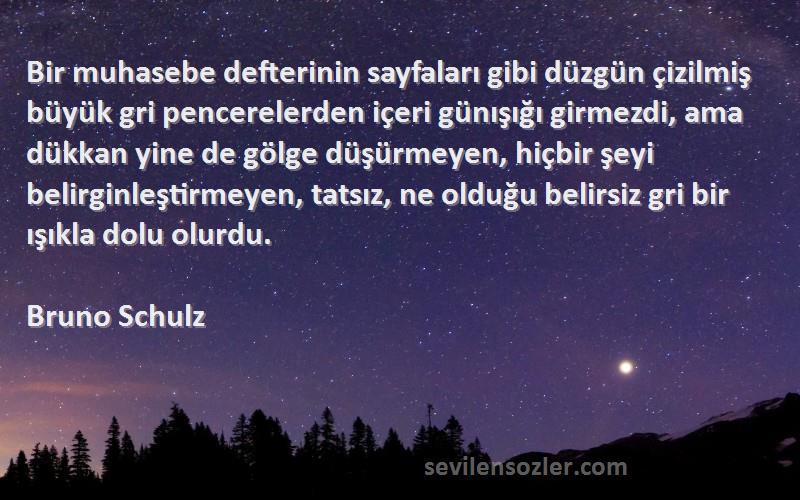 Bruno Schulz Sözleri 
Bir muhasebe defterinin sayfaları gibi düzgün çizilmiş büyük gri pencerelerden içeri günışığı girmezdi, ama dükkan yine de gölge düşürmeyen, hiçbir şeyi belirginleştirmeyen, tatsız, ne olduğu belirsiz gri bir ışıkla dolu olurdu.