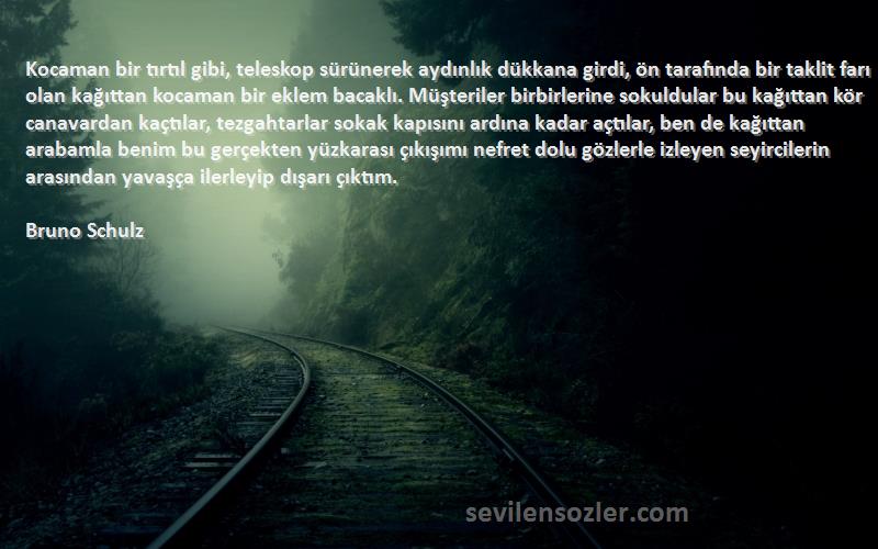 Bruno Schulz Sözleri 
Kocaman bir tırtıl gibi, teleskop sürünerek aydınlık dükkana girdi, ön tarafında bir taklit farı olan kağıttan kocaman bir eklem bacaklı. Müşteriler birbirlerine sokuldular bu kağıttan kör canavardan kaçtılar, tezgahtarlar sokak kapısını ardına kadar açtılar, ben de kağıttan arabamla benim bu gerçekten yüzkarası çıkışımı nefret dolu gözlerle izleyen seyircilerin arasından yavaşça ilerleyip dışarı çıktım.