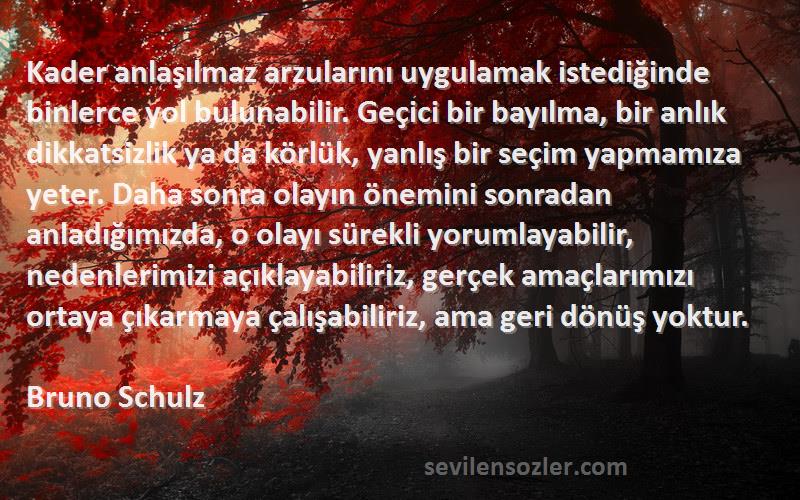 Bruno Schulz Sözleri 
Kader anlaşılmaz arzularını uygulamak istediğinde binlerce yol bulunabilir. Geçici bir bayılma, bir anlık dikkatsizlik ya da körlük, yanlış bir seçim yapmamıza yeter. Daha sonra olayın önemini sonradan anladığımızda, o olayı sürekli yorumlayabilir, nedenlerimizi açıklayabiliriz, gerçek amaçlarımızı ortaya çıkarmaya çalışabiliriz, ama geri dönüş yoktur.