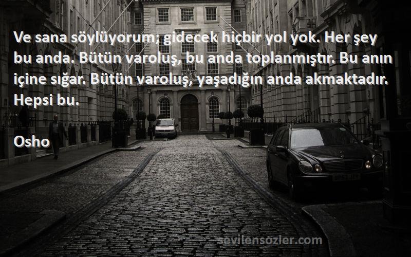 Osho Sözleri 
Ve sana söylüyorum; gidecek hiçbir yol yok. Her şey bu anda. Bütün varoluş, bu anda toplanmıştır. Bu anın içine sığar. Bütün varoluş, yaşadığın anda akmaktadır. Hepsi bu.