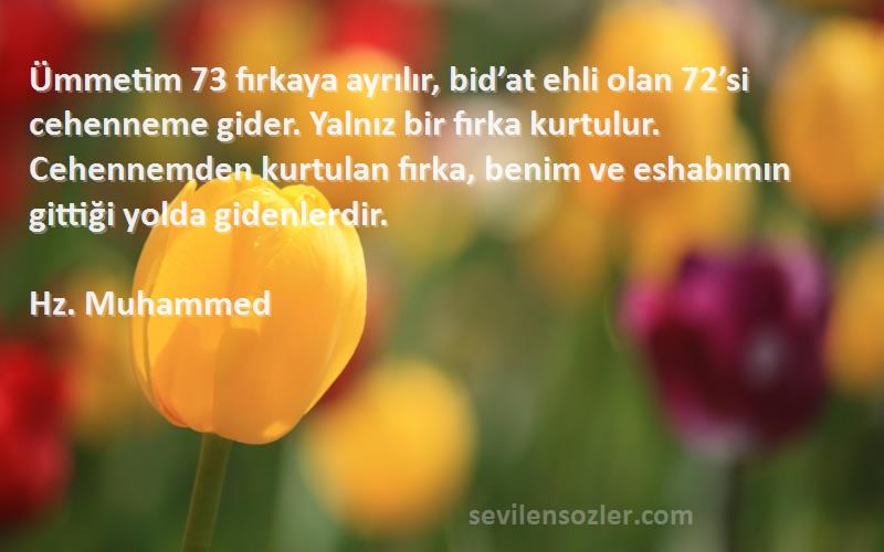 Hz. Muhammed Sözleri 
Ümmetim 73 fırkaya ayrılır, bid’at ehli olan 72’si cehenneme gider. Yalnız bir fırka kurtulur. Cehennemden kurtulan fırka, benim ve eshabımın gittiği yolda gidenlerdir.