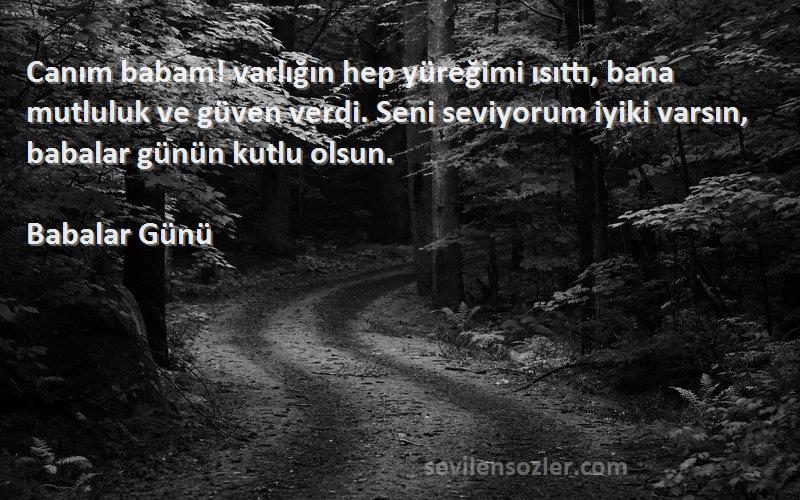 Babalar Günü Sözleri 
Canım babam! varlığın hep yüreğimi ısıttı, bana mutluluk ve güven verdi. Seni seviyorum iyiki varsın, babalar günün kutlu olsun.