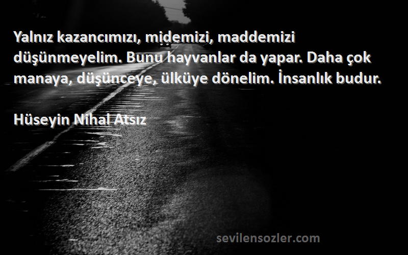 Hüseyin Nihal Atsız Sözleri 
Yalnız kazancımızı, midemizi, maddemizi düşünmeyelim. Bunu hayvanlar da yapar. Daha çok manaya, düşünceye, ülküye dönelim. İnsanlık budur.