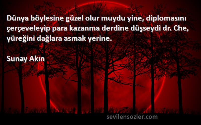 Sunay Akın Sözleri 
Dünya böylesine güzel olur muydu yine, diplomasını çerçeveleyip para kazanma derdine düşseydi dr. Che, yüreğini dağlara asmak yerine.