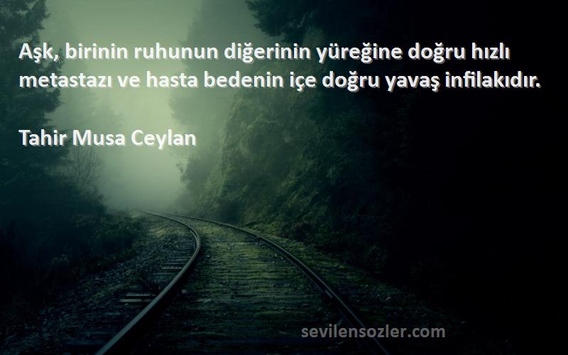 Tahir Musa Ceylan Sözleri 
Aşk, birinin ruhunun diğerinin yüreğine doğru hızlı metastazı ve hasta bedenin içe doğru yavaş infilakıdır.