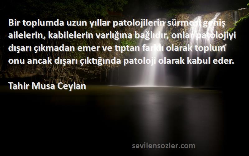 Tahir Musa Ceylan Sözleri 
Bir toplumda uzun yıllar patolojilerin sürmesi geniş ailelerin, kabilelerin varlığına bağlıdır, onlar patolojiyi dışarı çıkmadan emer ve tıptan farklı olarak toplum onu ancak dışarı çıktığında patoloji olarak kabul eder.