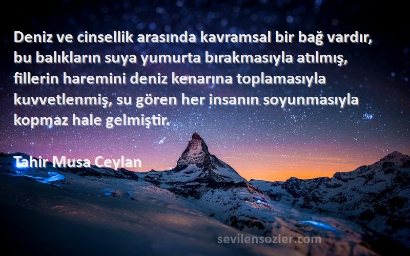 Tahir Musa Ceylan Sözleri 
Deniz ve cinsellik arasında kavramsal bir bağ vardır, bu balıkların suya yumurta bırakmasıyla atılmış, fillerin haremini deniz kenarına toplamasıyla kuvvetlenmiş, su gören her insanın soyunmasıyla kopmaz hale gelmiştir.