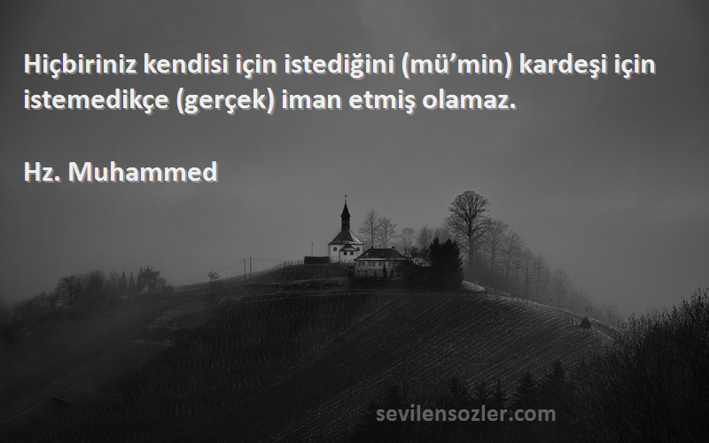 Hz. Muhammed - Hiçbiriniz kendisi için istediğini (mü’min) kardeşi için istemedikçe (gerçek) iman etmiş olamaz.