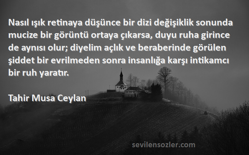 Tahir Musa Ceylan Sözleri 
Nasıl ışık retinaya düşünce bir dizi değişiklik sonunda mucize bir görüntü ortaya çıkarsa, duyu ruha girince de aynısı olur; diyelim açlık ve beraberinde görülen şiddet bir evrilmeden sonra insanlığa karşı intikamcı bir ruh yaratır.