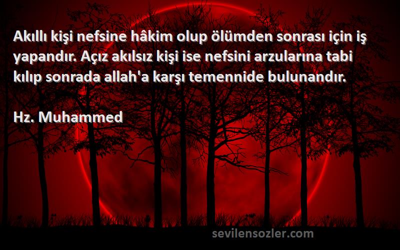 Hz. Muhammed Sözleri 
Akıllı kişi nefsine hâkim olup ölümden sonrası için iş yapandır. Açız akılsız kişi ise nefsini arzularına tabi kılıp sonrada allah'a karşı temennide bulunandır.