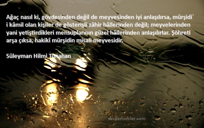 Süleyman Hilmi Tunahan Sözleri 
Ağaç nasıl ki, gövdesinden değil de meyvesinden iyi anlaşılırsa, mürşidi` i kâmil olan kişiler de gösterişli zâhir hâllerinden değil; meyvelerinden yani yetiştirdikleri mensuplarının güzel hâllerinden anlaşılırlar. Şöhreti arşa çıksa, hakikî mürşidin misali meyvesidir.