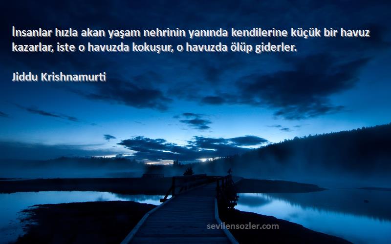 Jiddu Krishnamurti Sözleri 
İnsanlar hızla akan yaşam nehrinin yanında kendilerine küçük bir havuz kazarlar, iste o havuzda kokuşur, o havuzda ölüp giderler.