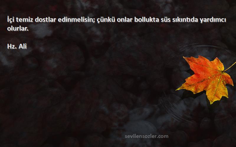 Hz. Ali - İçi temiz dostlar edinmelisin; çünkü onlar bollukta süs sıkıntıda yardımcı olurlar.