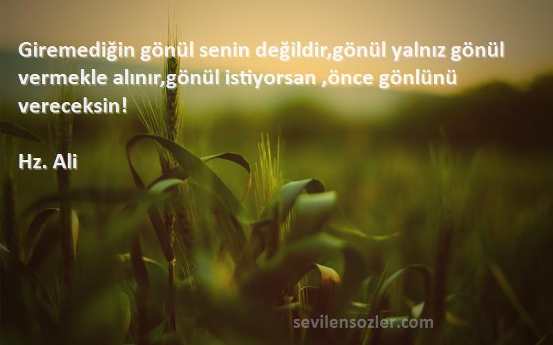 Hz. Ali Sözleri 
Giremediğin gönül senin değildir,gönül yalnız gönül vermekle alınır,gönül istiyorsan ,önce gönlünü vereceksin!