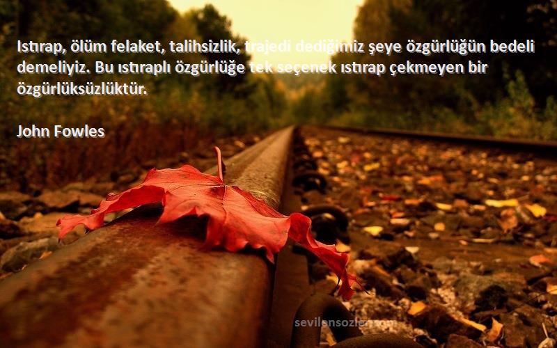 John Fowles Sözleri 
Istırap, ölüm felaket, talihsizlik, trajedi dediğimiz şeye özgürlüğün bedeli demeliyiz. Bu ıstıraplı özgürlüğe tek seçenek ıstırap çekmeyen bir özgürlüksüzlüktür.