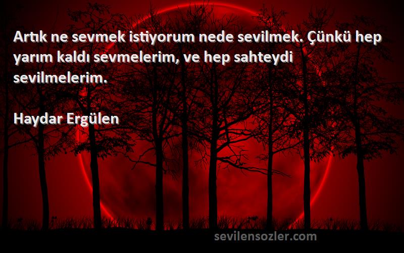 Haydar Ergülen Sözleri 
Artık ne sevmek istiyorum nede sevilmek. Çünkü hep yarım kaldı sevmelerim, ve hep sahteydi sevilmelerim.